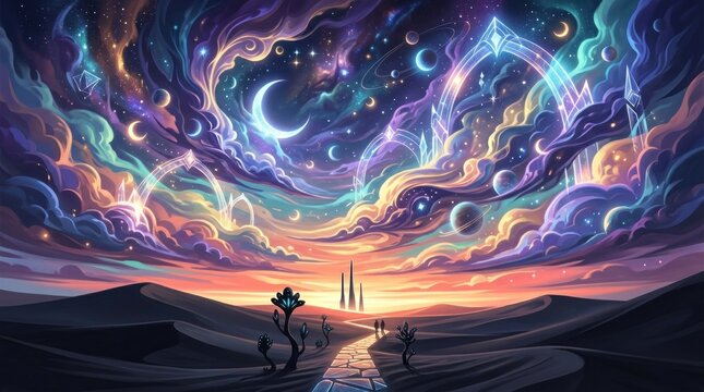 A surreal, ethereal landscape with a path leading towards a distant, otherworldly structure, surrounded by swirling, cosmic patterns and celestial bodies.