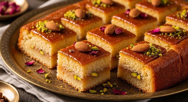 Jordanian harissa semolina dessert in elegant diamond squares, golden amber semolina cake with moist crumb texture