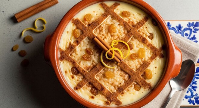 Portuguese arroz doce rice pudding in traditional clay cazuela pot, creamy silky texture with cinnamon lattice pattern and golden raisins