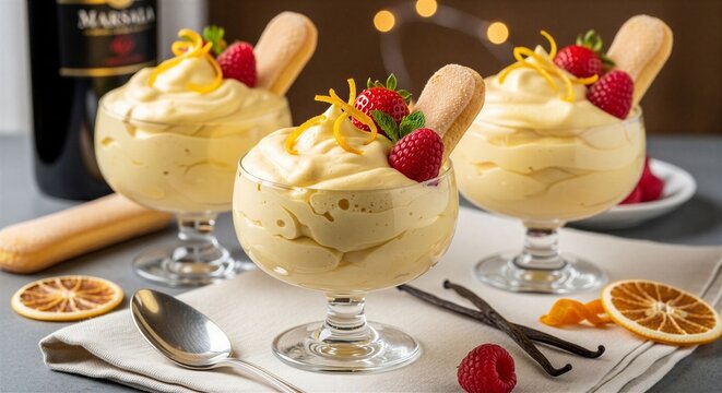 Italian zabaglione in crystal coupe glasses, pale golden custard with airy whipped texture and Marsala wine infusion