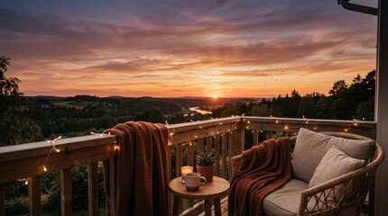 Fototapeta premium A cozy balcony with a wooden deck, a chair, a blanket, and a cup of coffee, overlooking a stunning sunset with birds flying in the sky.