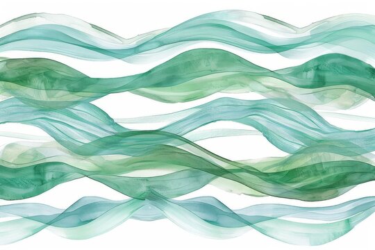 Watercolor simple green ocean waves pattern in neutral colors on white background, minimalist clip art design.