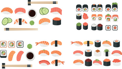 Sushi and Japanese food set with nigiri rolls chopsticks soy sauce and wasabi flat style vector illustration collection © Abul