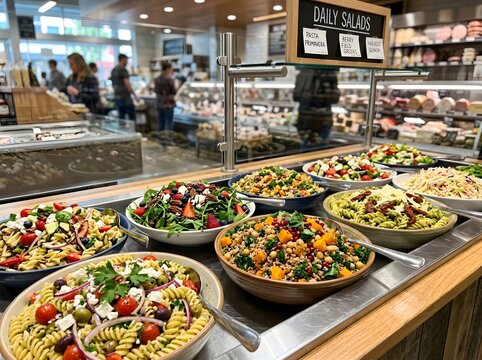 Variety of Prepared Gourmet Salads in Commercial Deli Display