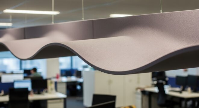 Curved acoustic baffles with a wave profile suspended from the ceiling in a modern office interior