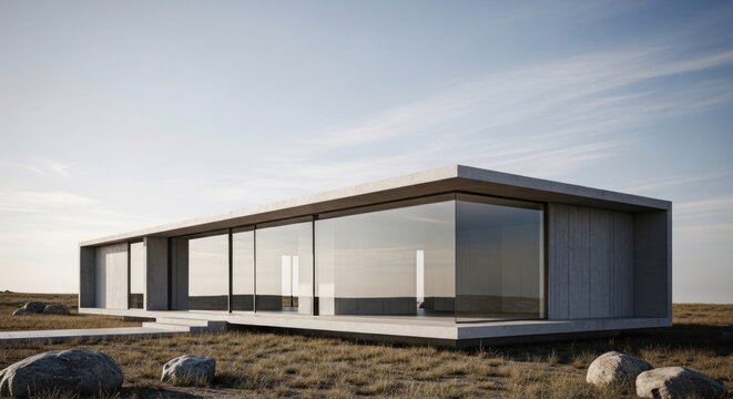 A modern, minimalist house with large glass windows and a flat roof, situated on a grassy field with rocks in the foreground and a clear blue sky in the background.