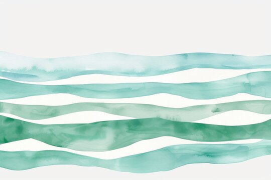 Watercolor simple green ocean waves pattern in neutral colors on white background, minimalist clip art design.