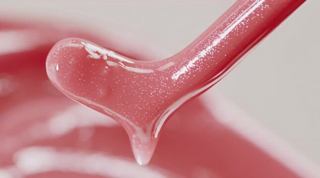 Shimmering pink cosmetic gel dripping from a glass applicator rod