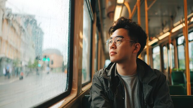 Young man contemplating during urban commute on public transport with cityscape view through window