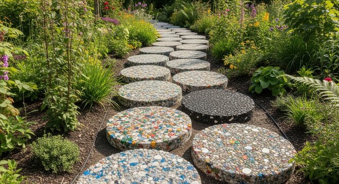 Circular stepping stones made of recycled aggregate create a unique garden path winding through lush greenery