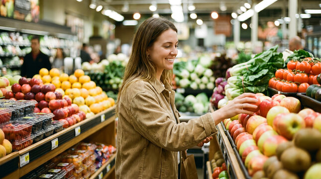 Young woman selecting fresh apples, grocery store produce department with fruit displays, shopper reaching for fruit, supermarket interior, retail and lifestyle