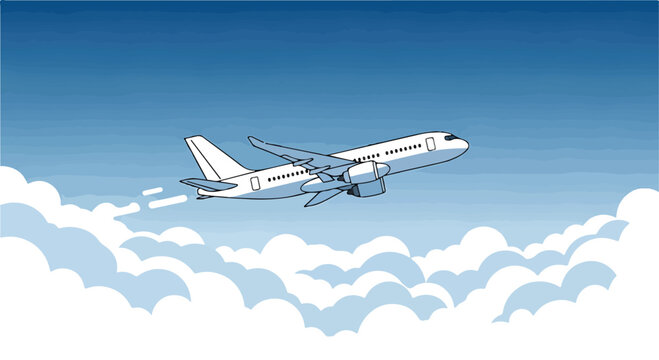 A white airplane flies through a blue sky with fluffy clouds