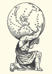 Naklejka premium Atlas kneeling holding the earth on his shoulders in a classical illustration kneeling shoulders mythology sculpture illustration classical strength responsibility celestial hemisphere