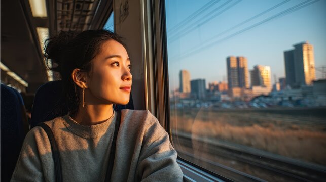 Young Asian woman contemplating city skyline during morning commute by train window