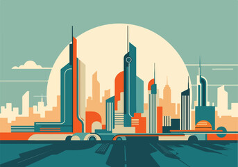 Obraz premium A futuristic cityscape at sunset with sleek skyscrapers