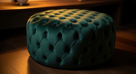 Naklejka premium Luxurious deep forest green velvet tufted round ottoman pouf on a wooden floor