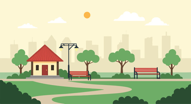 A serene park scene with a small house, benches, and a city skyline