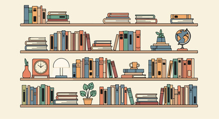 Colorful cartoon bookshelves with books and decor © Rahmat