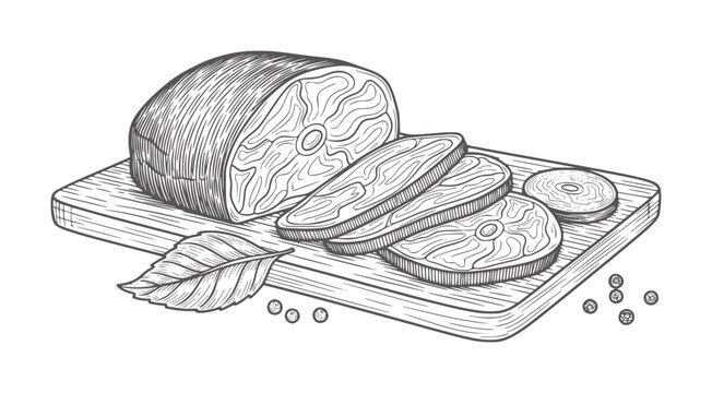 Hand drawn salmon steaks and peppercorns a wooden cutting board with a leaf fish