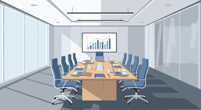 A modern conference room with a large wooden table and blue chairs