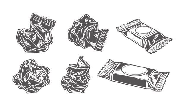 Six crumpled and intact candy wrappers in a linocut style packaging