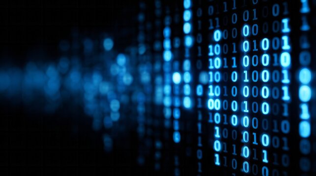 Glowing blue binary code flows across a dark digital background.