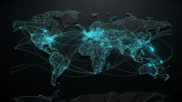 Global Network Connection Holographic World Map with Linked Data Nodes