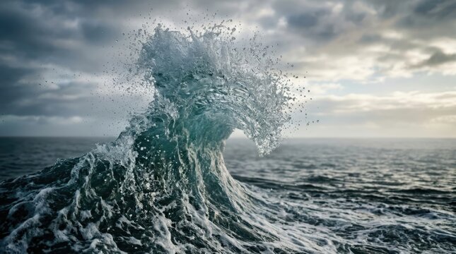 Powerful ocean wave crashing with spray against a cloudy sky