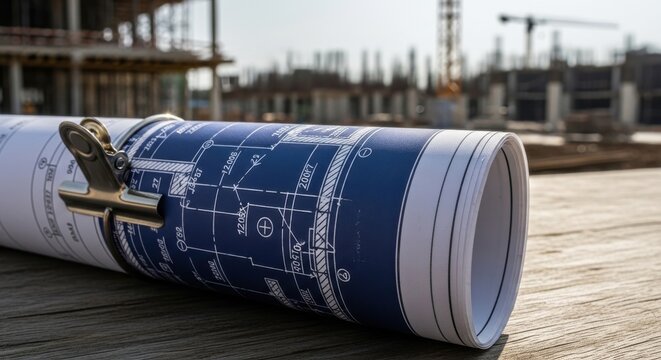 Rolled Blueprint Document at a Construction Site Representing Architectural Planning and Engineering Design