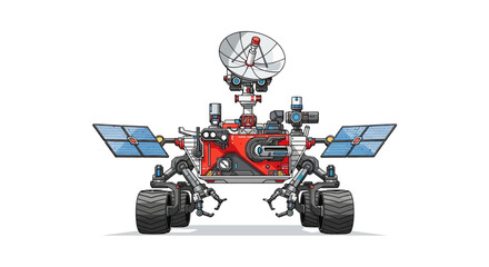 Red robotic rover with satellite dish. © yaraa
