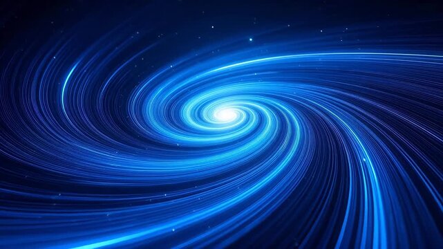 Blue spiral light vortex with bright center on dark starry background