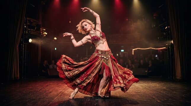 Elegant belly dancer in ornate costume performs on a dimly lit stage with audience