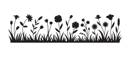 Fototapeta premium Wildflower Grass Silhouette Border Minimal Black Botanical Floral Meadow Nature Background Design