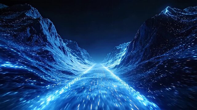 Sci-fi canyon with glowing blue data streams on geometric mountain peaks