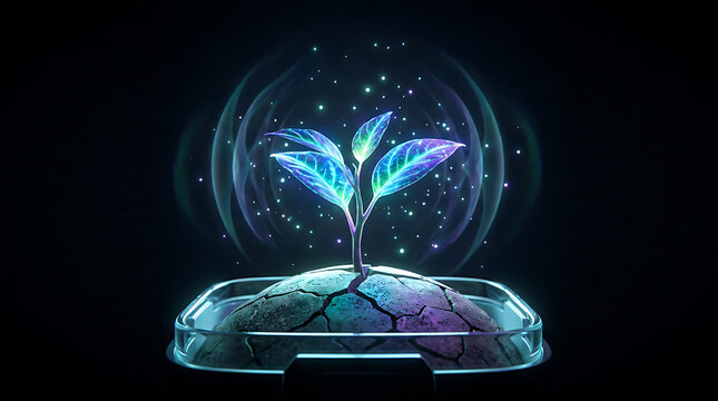 Emerging Ecosystem: A luminous sprout emanates energy, symbolizing growth, innovation, and the vibrant genesis of life within a captivating, futuristic display.