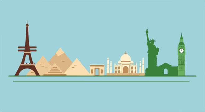 Landmarks illustration with Eiffel Tower and more