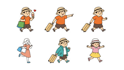 Fototapeta premium Cute Children with Luggage, Ice Cream, and Hats for Travel, Vacation, and Summer Fun Designs [Converted].eps