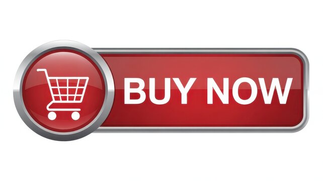 Red "BUY NOW" button with shopping cart icon, isolated on white background.