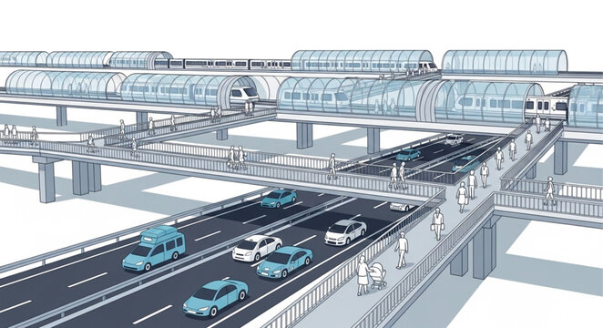 Modern urban infrastructure with elevated highway and pedestrian walkways.
