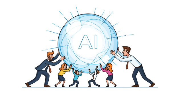 Collaborative cross-functional corporate team working together to implement artificial intelligence solutions for enterprise scale and innovation