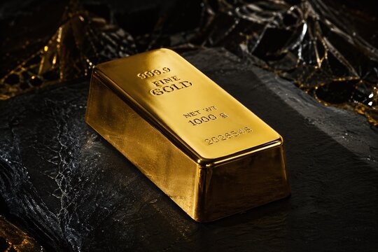 Fine Gold Bar Ingot with 999.9 Purity Resting on a Dark Textured Slate Stone Background, Concept for Premium Investment, Wealth Management, and Financial Stability for Business Growth