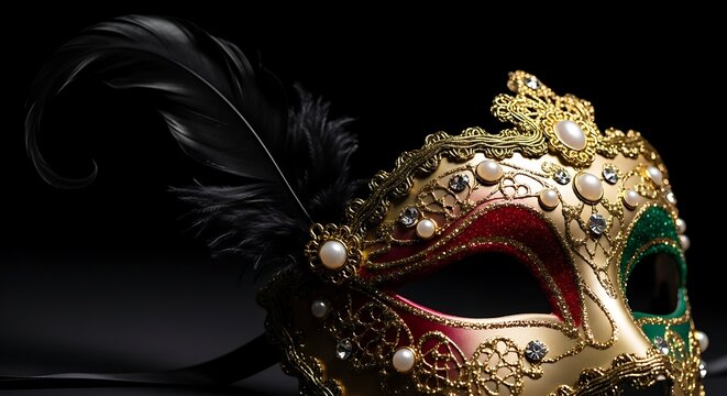 Ornate Venetian Mask with Feathers and Embellishments on Dark Background.