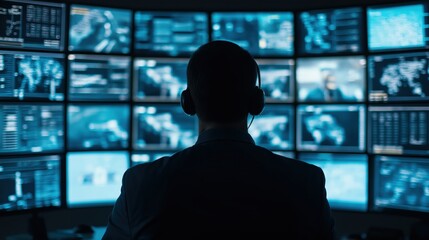 Fototapeta premium Security operator watching multiple monitors with data, CCTV, and flight paths in a dark surveillance control room