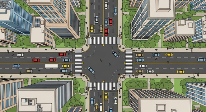 Aerial view of a busy city intersection with traffic and pedestrians.