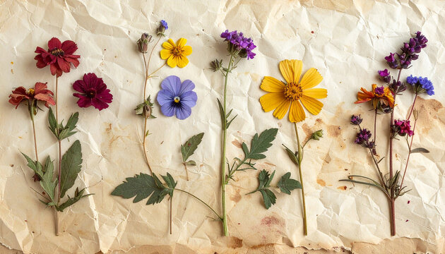 Pressed Wildflowers- High-res scan of dried flowers on aged  pulpy handmade paper.