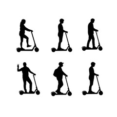 Naklejka premium Vector set of people riding electric scooters, isolated black silhouettes of commuters on white background