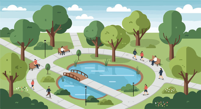 A serene park scene with people walking and sitting near a pond