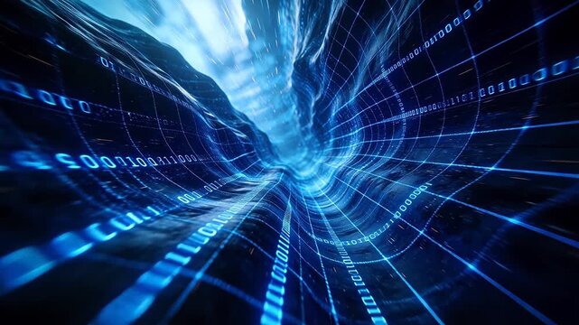 Digital binary code tunnel with zero and one numbers in blue virtual space
