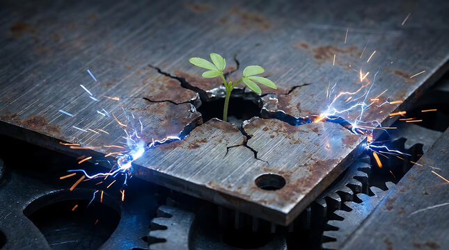 Emerging life: A tenacious plant sprouts through a cracked metal plate, symbolizing growth and resilience in a mechanical, industrial setting. 
