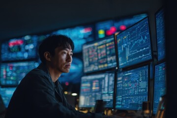 Fototapeta premium Focused southeast asian male financial analyst studying stock market data on multiple screens